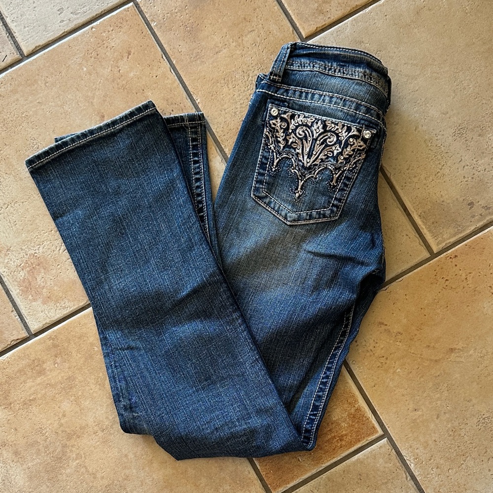 Miss Me Dark Blue Boot Cut Jeans with Silver Embroidery